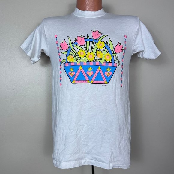 Vintage Other - Vintage 1980s/1990s Neon Basket of Flowers T-Shirt, Center Cut Size Small